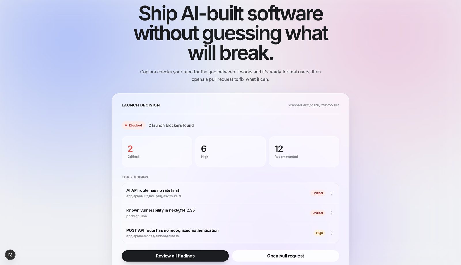 Caplora launch decision report with blockers and top findings