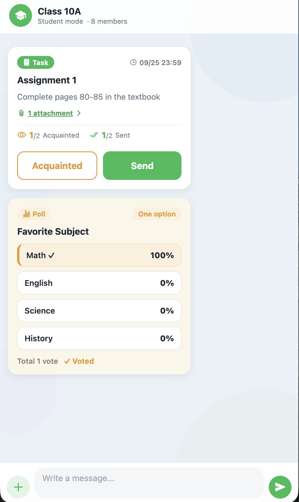 Classroom API student view showing a task and a poll