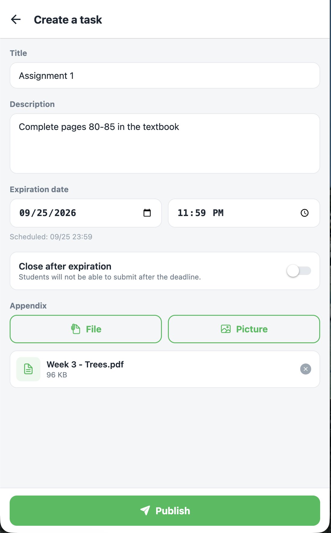 Creating a task with a due date and attachment