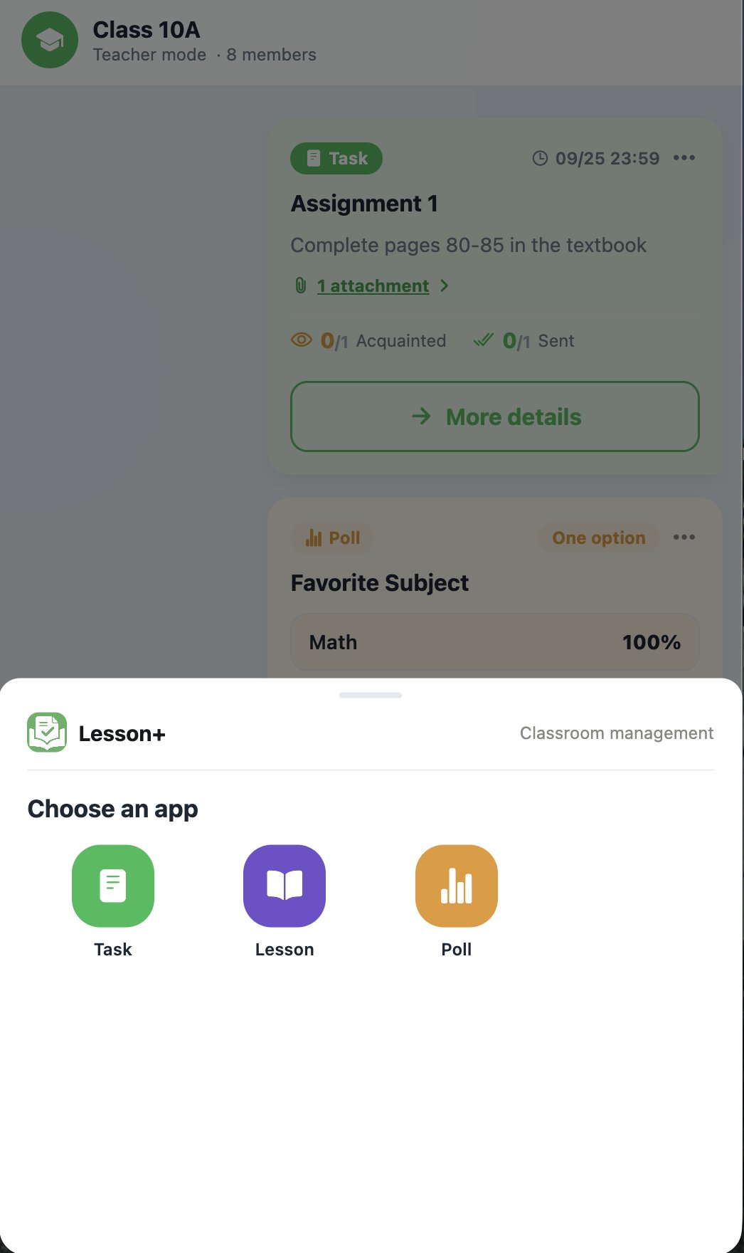 Teacher view choosing between task, lesson, and poll