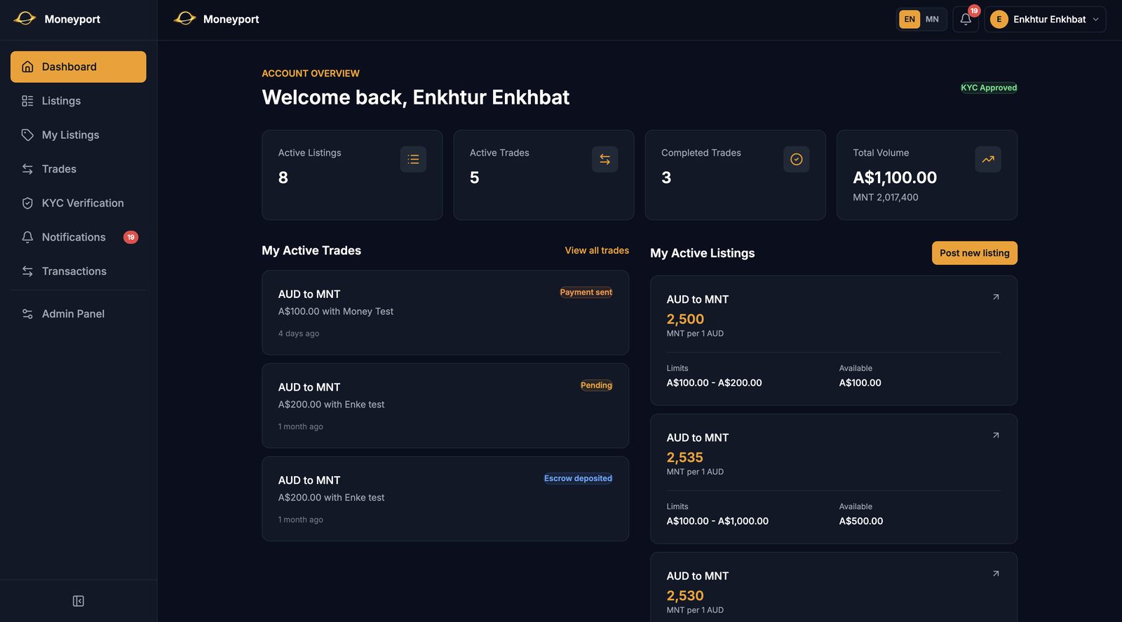 Moneyport account dashboard with active listings and trades