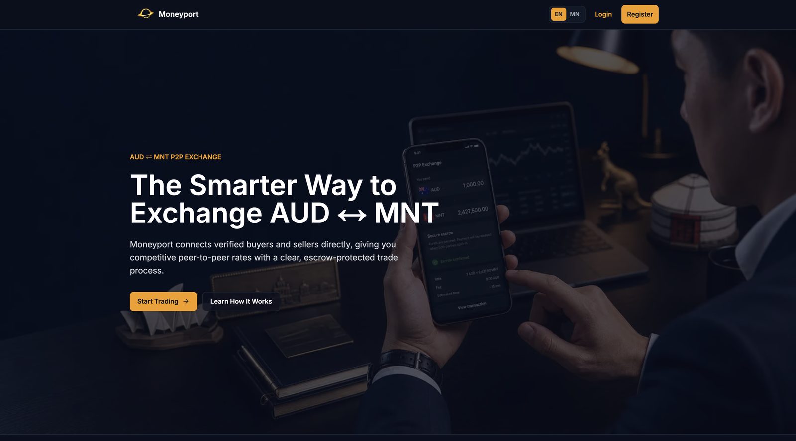 Moneyport landing page: The Smarter Way to Exchange AUD and MNT