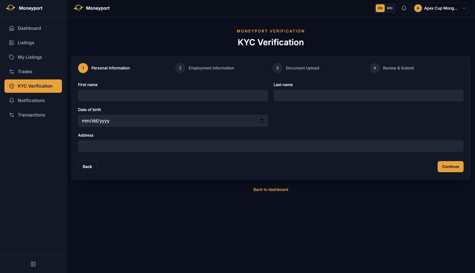 Moneyport KYC verification form