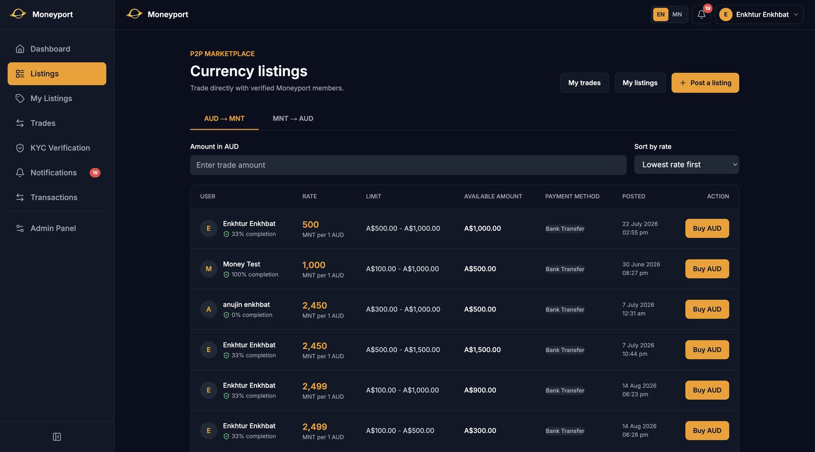 Moneyport P2P marketplace currency listings