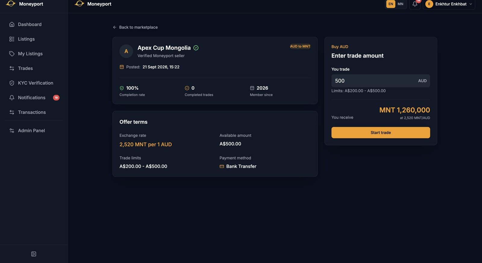 Starting a trade on a Moneyport listing