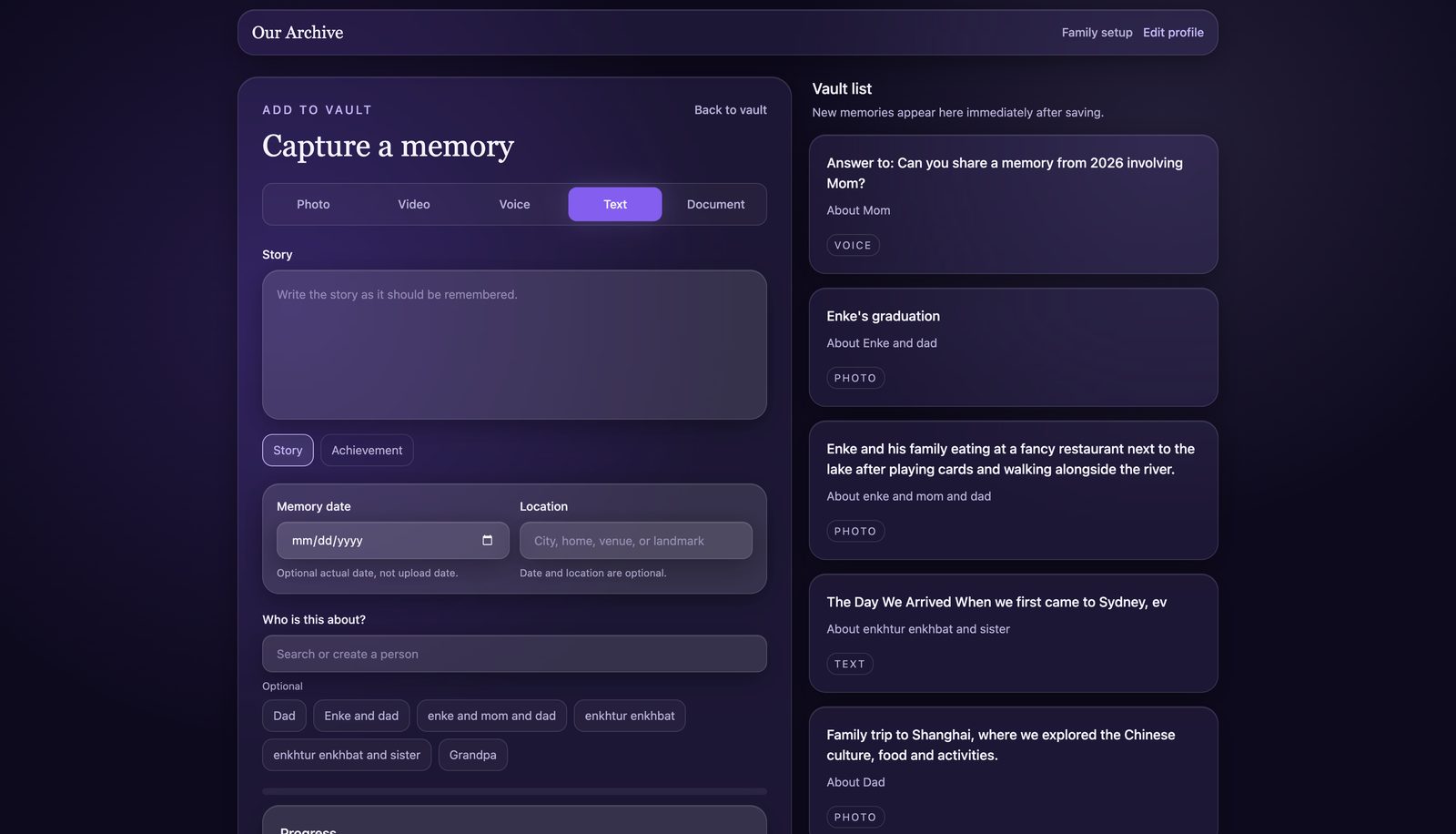Capturing a memory with the vault list beside it
