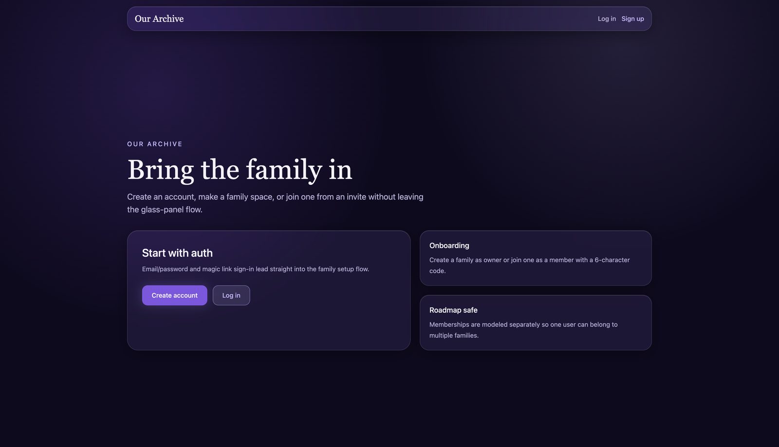 Our Archive sign-up and family setup flow